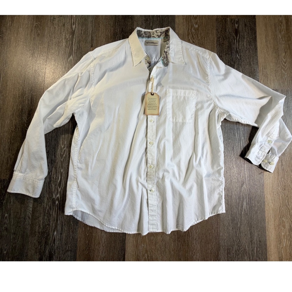 Caribbean Button Up Shirt Mens XL White Long Sleeve Textured Paisley Trim Cotton